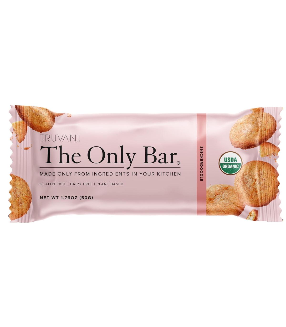 Truvani Snickerdoodle bar packaging front shows vegan, organic credentials for on‑the‑go snacking.