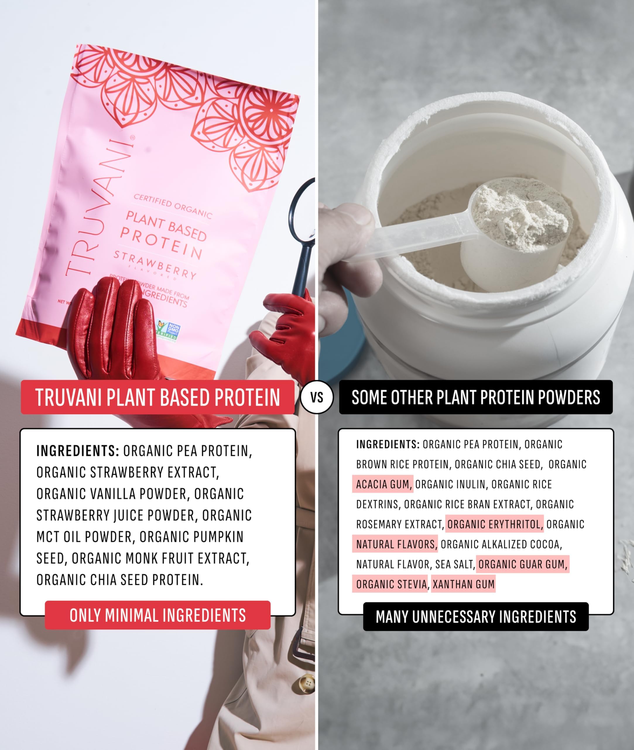 Truvani strawberry pea protein powder in bowl with fresh berries for serving idea