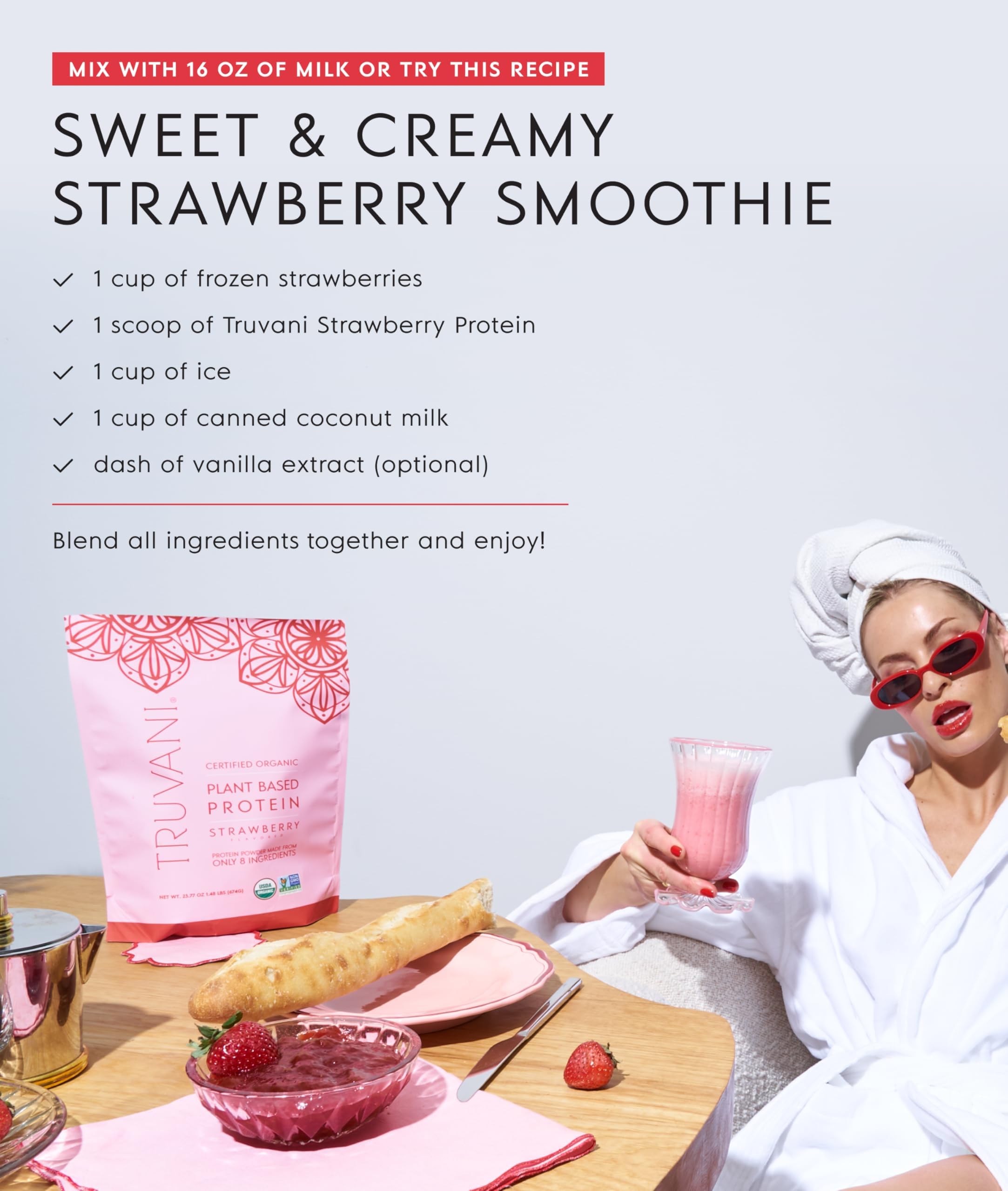 Truvani strawberry protein shake in glass suitable for on-the-go