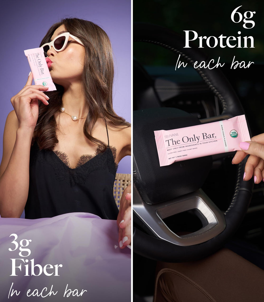 Nutrition panel highlights protein content in the Truvani bar.