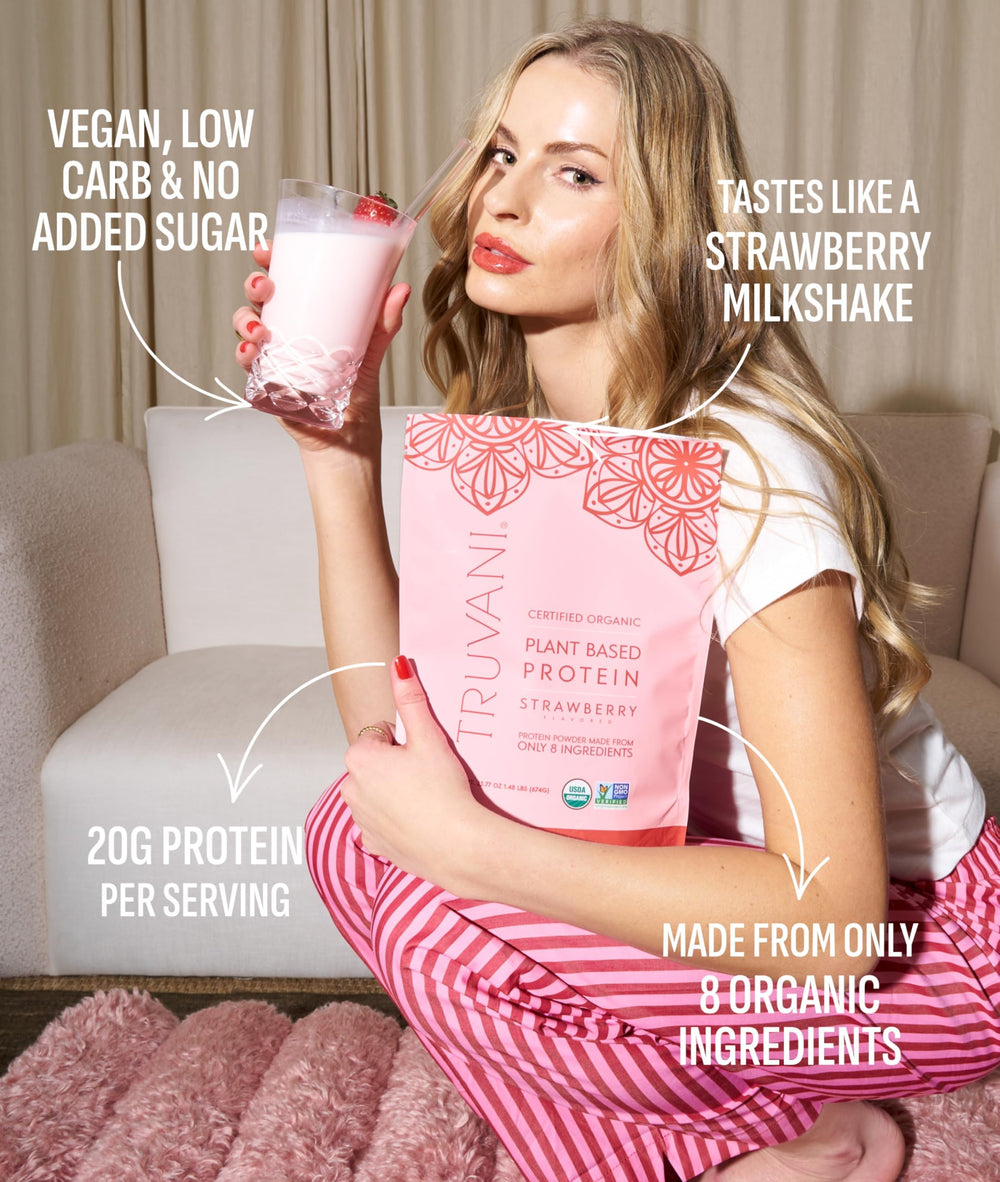 Truvani travel pack with pea protein strawberry ready to mix in a shaker