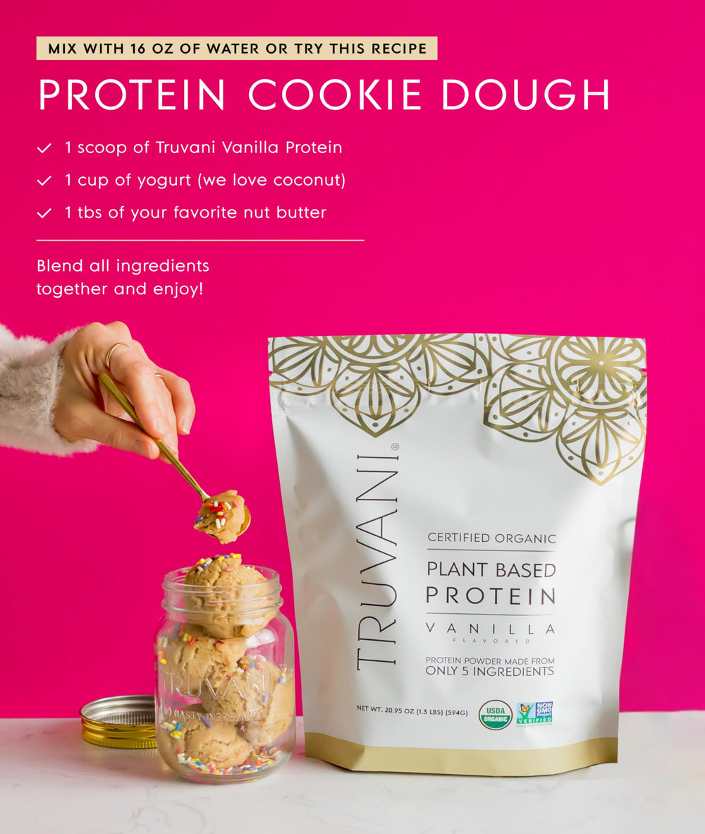 USDA Organic label on Truvani vanilla protein product for transparency.