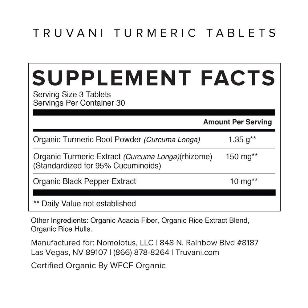 Truvani 1350 mg tablets close-up highlighting potent curcuminoids for potential joint support.