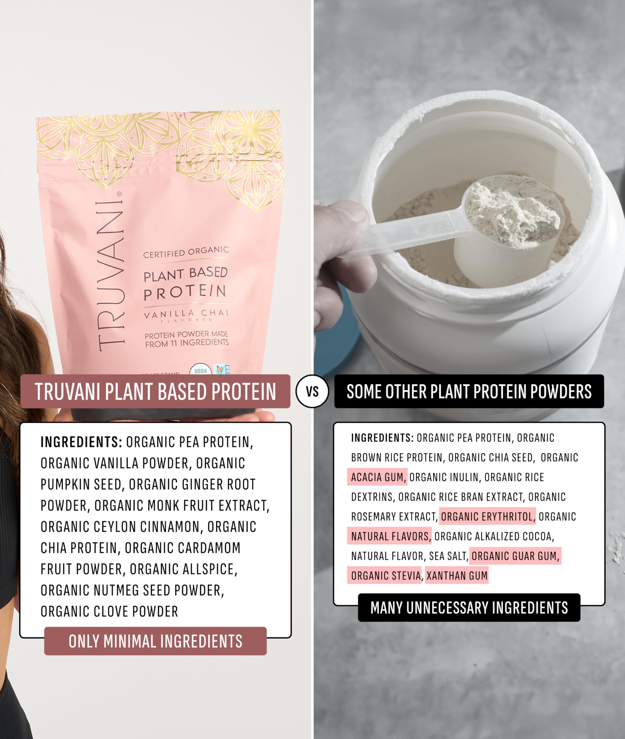 Truvani Vanilla Chai ingredients show premium vegan protein and monk fruit sweetener.