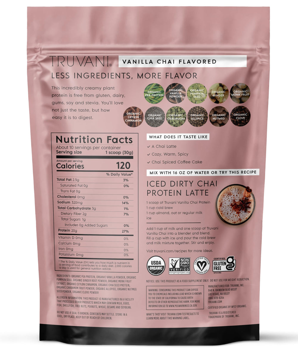 Product label detail from Truvani Vanilla Chai showing gluten-free and dairy-free claim.
