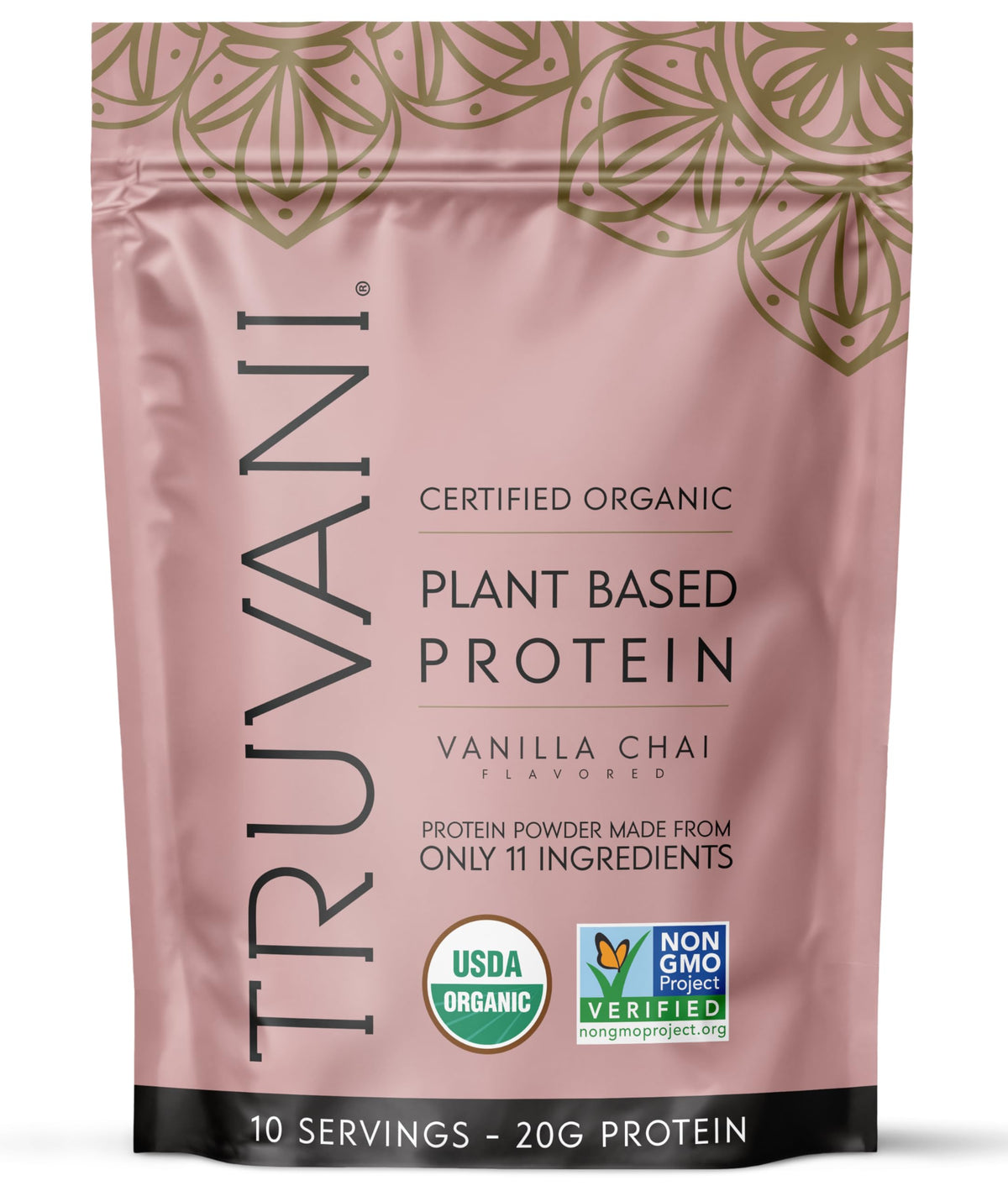 Truvani Vanilla Chai pea protein powder bag; convenient source of clean vegan protein.
