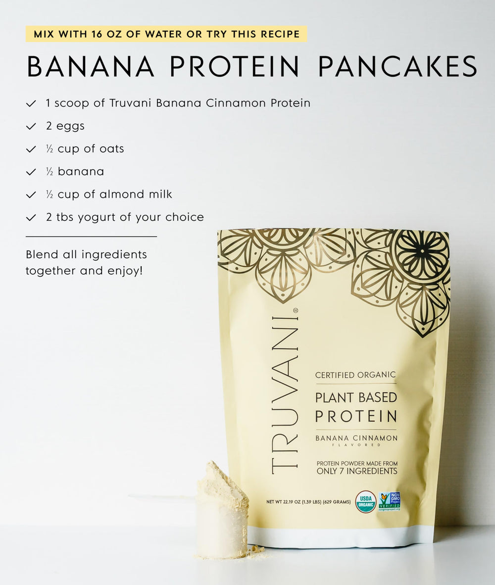 Truvani ingredients list highlights pea, pumpkin seed, and chia seed; clean plant nutrition.