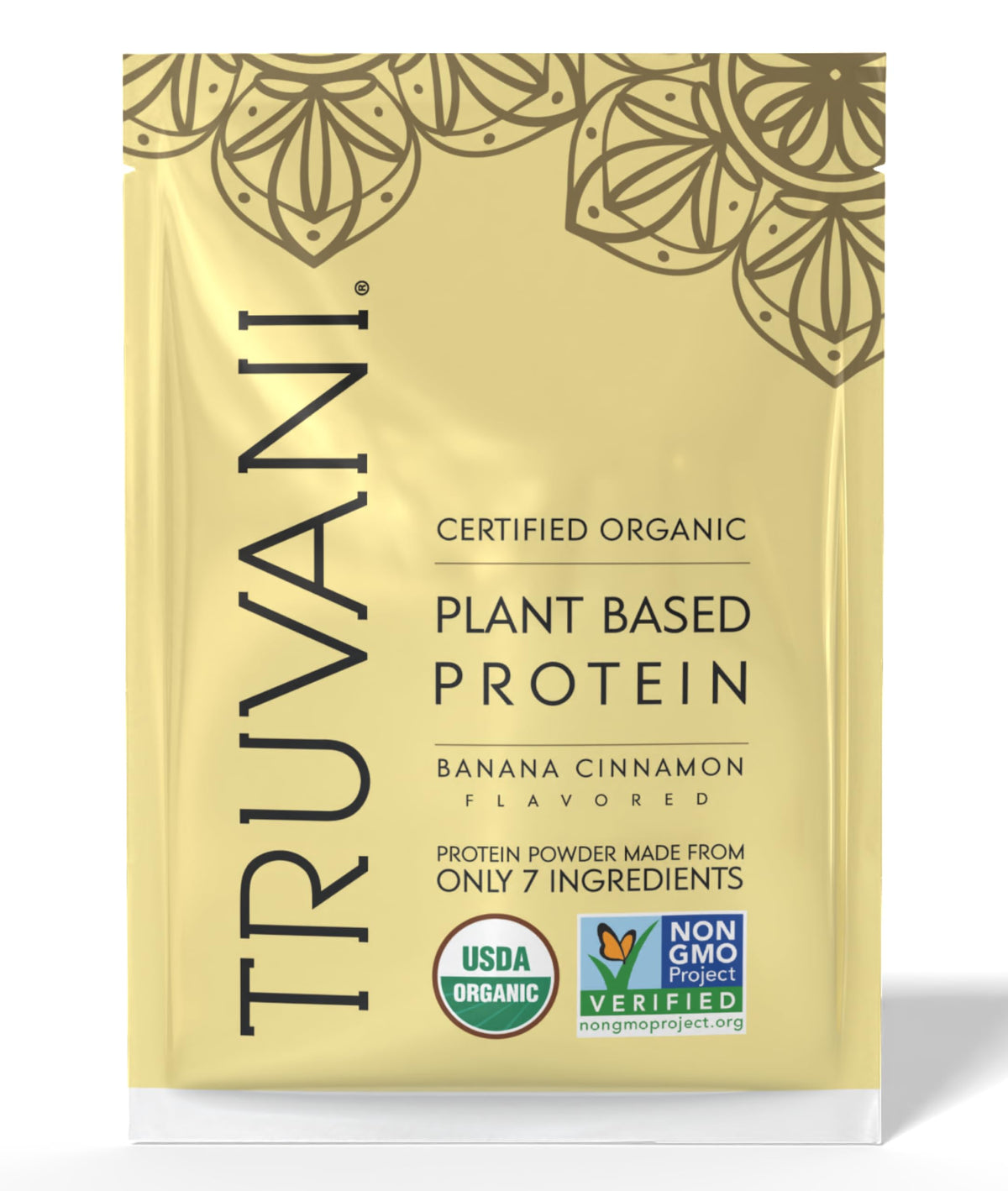 Truvani Vegan Pea Protein powder scoop; ideal for fast smoothies.