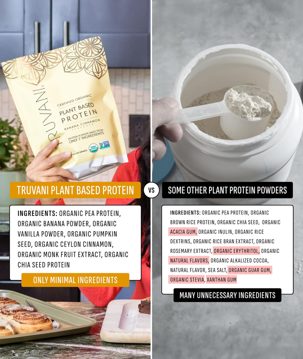 Truvani protein tub packaging on a clean kitchen counter.
