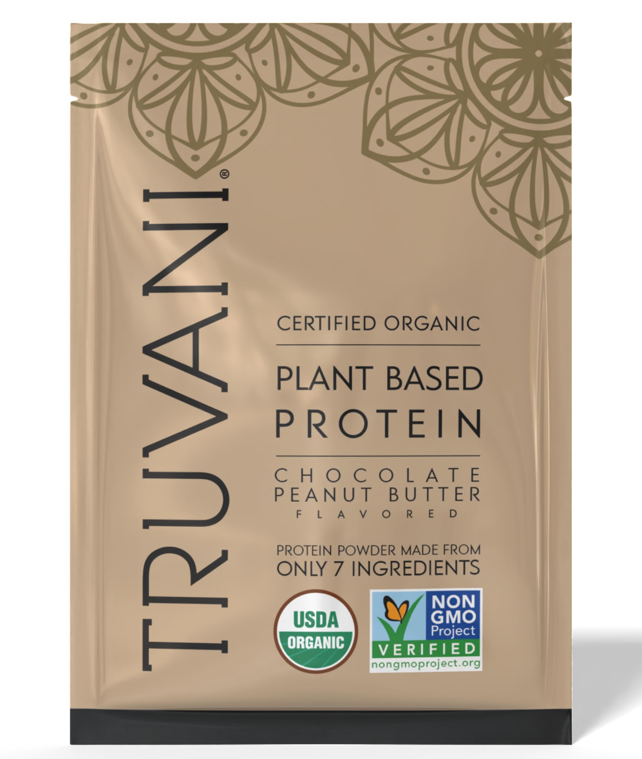 Truvani vegan pea protein chocolate peanut butter powder in a jar, ideal for shakes