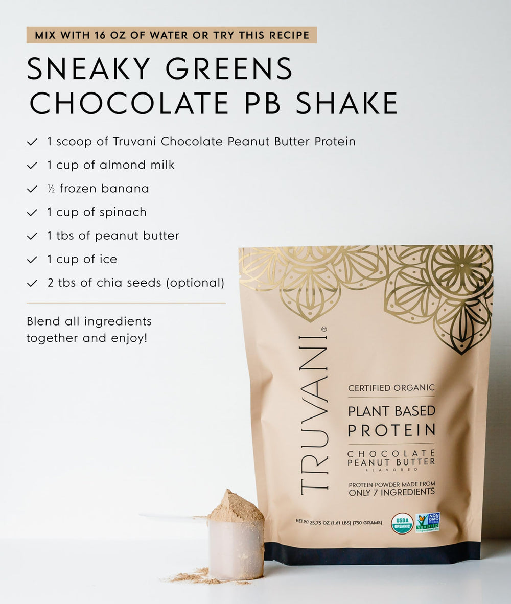 Nutrition panel highlights 20g protein per serving on Truvani powder.