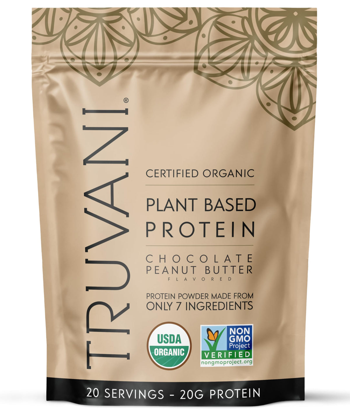 Truvani vegan pea protein powder tub with chocolate peanut butter flavor, protein boost.