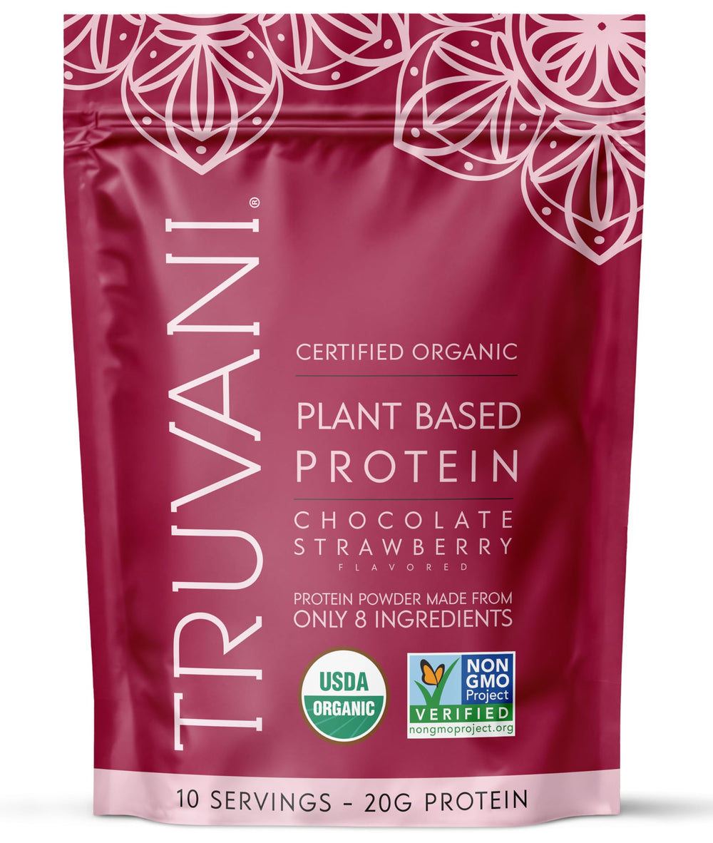 Truvani vegan pea protein powder chocolate strawberry bottle, ideal for post-workout recovery.