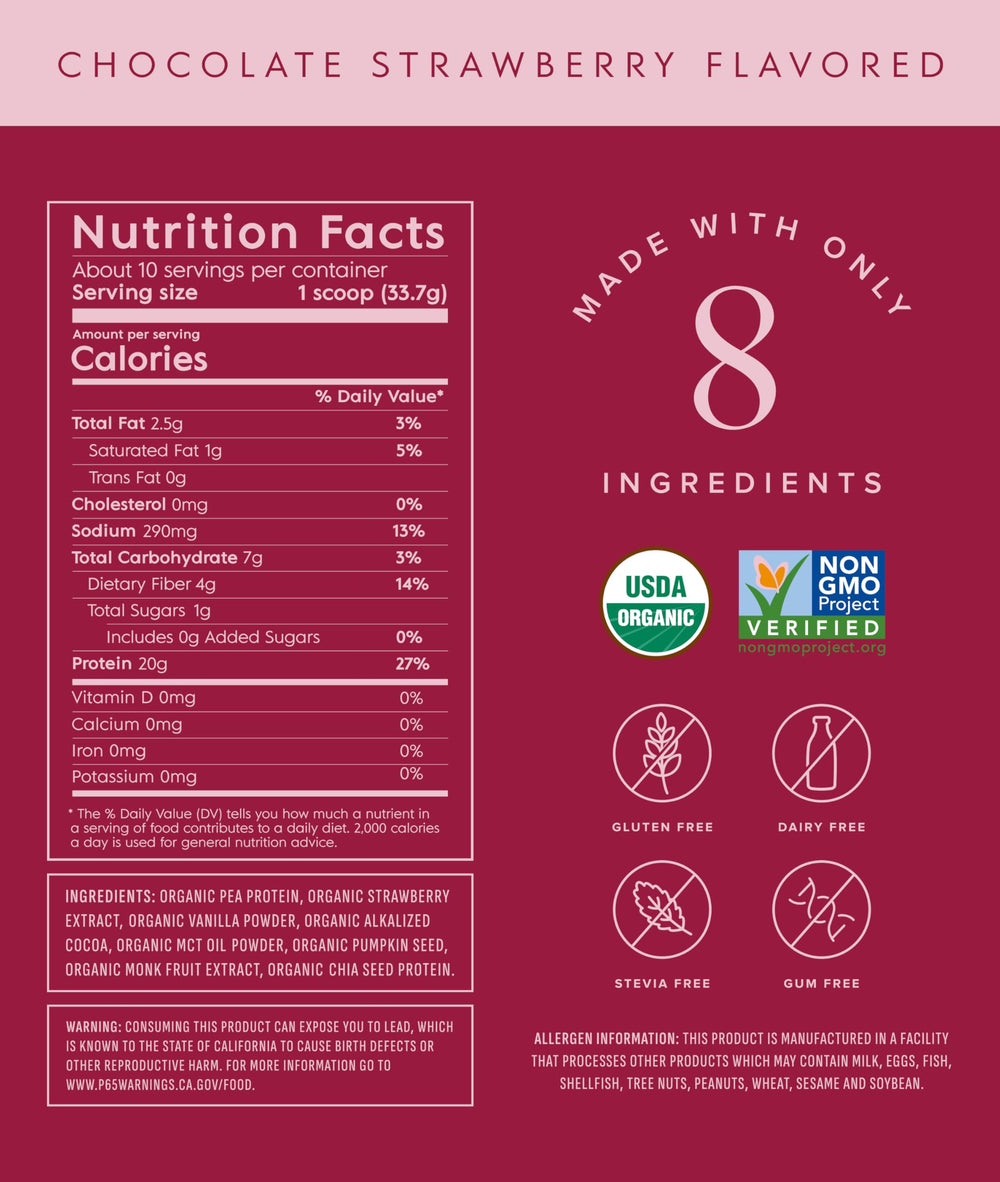 Truvani vegan pea protein powder chocolate strawberry scoop showing precise serving.