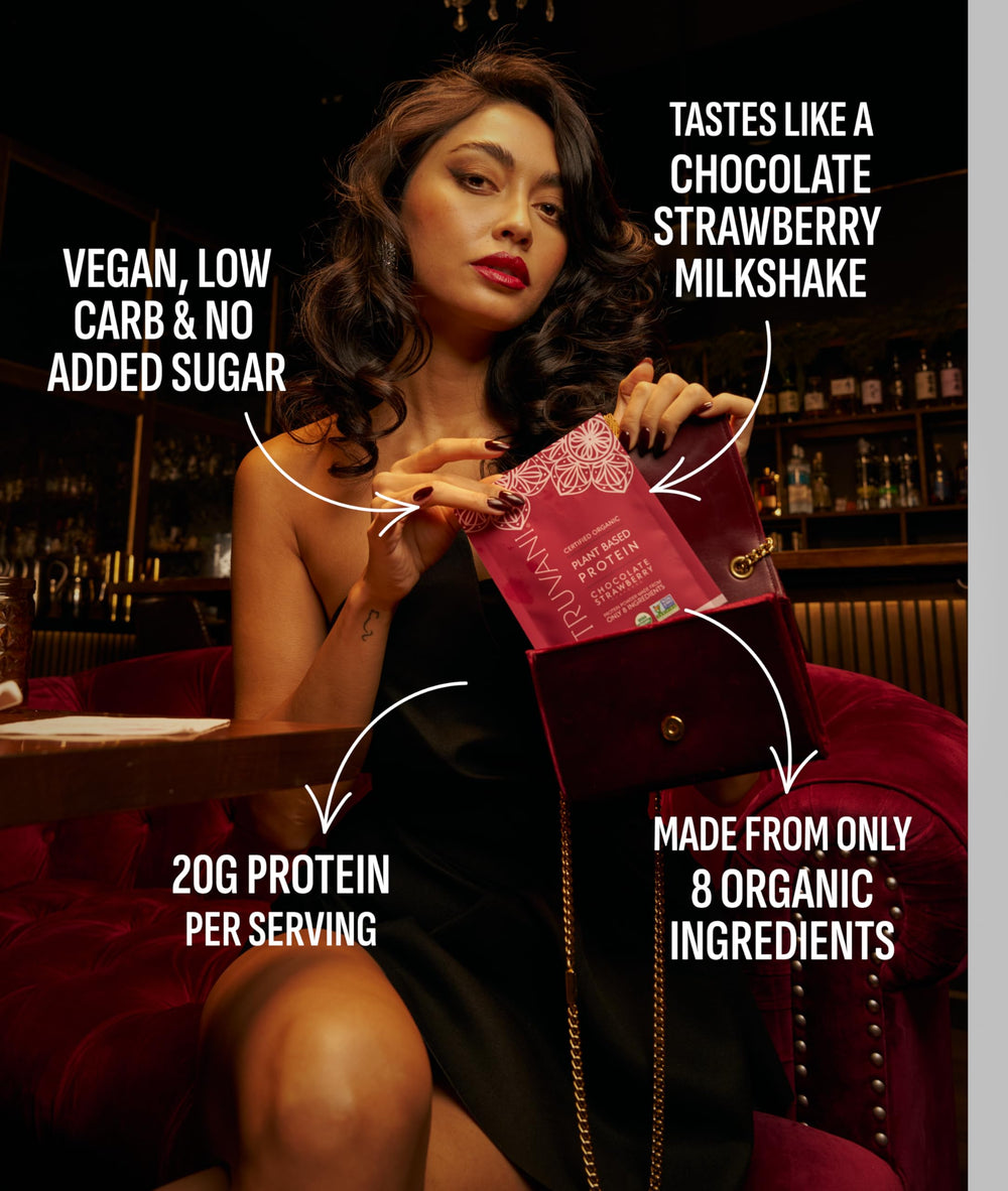 Truvani vegan pea protein powder chocolate strawberry shaker for smooth mixing.