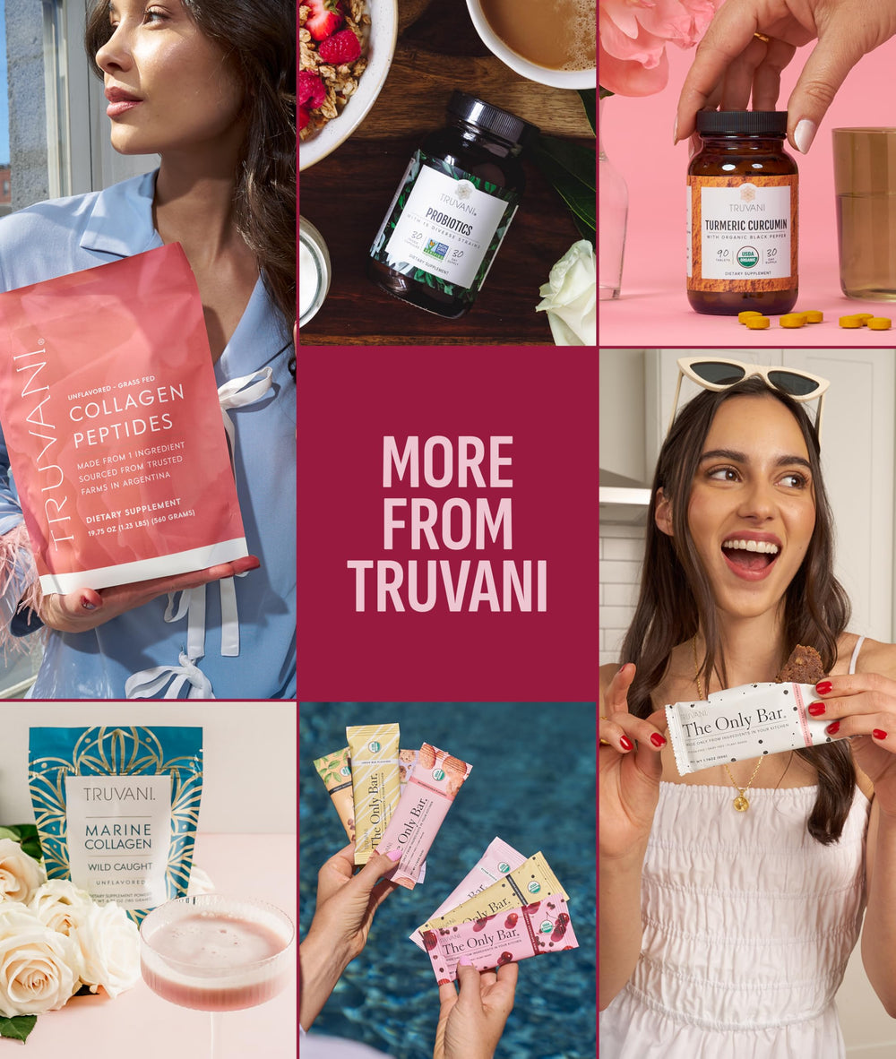 Truvani vegan pea protein powder kitchen-drawer scene promoting keto-friendly protein.