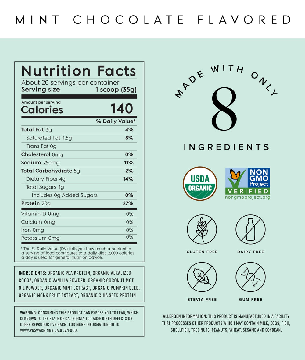 Truvani mint chocolate pea protein scoop for quick shakes