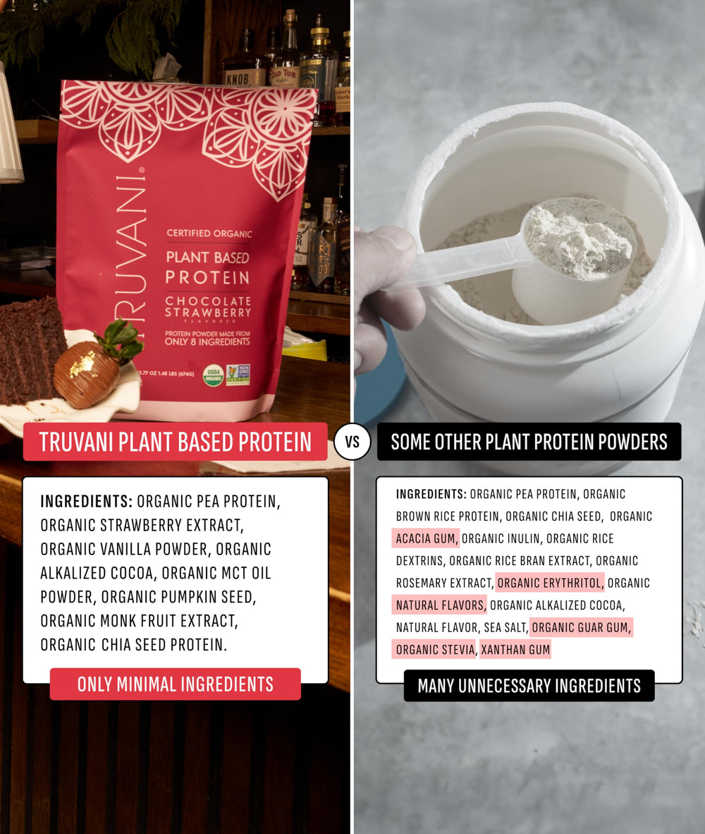 Truvani vegan pea protein powder organic pea pumpkin chia blend.