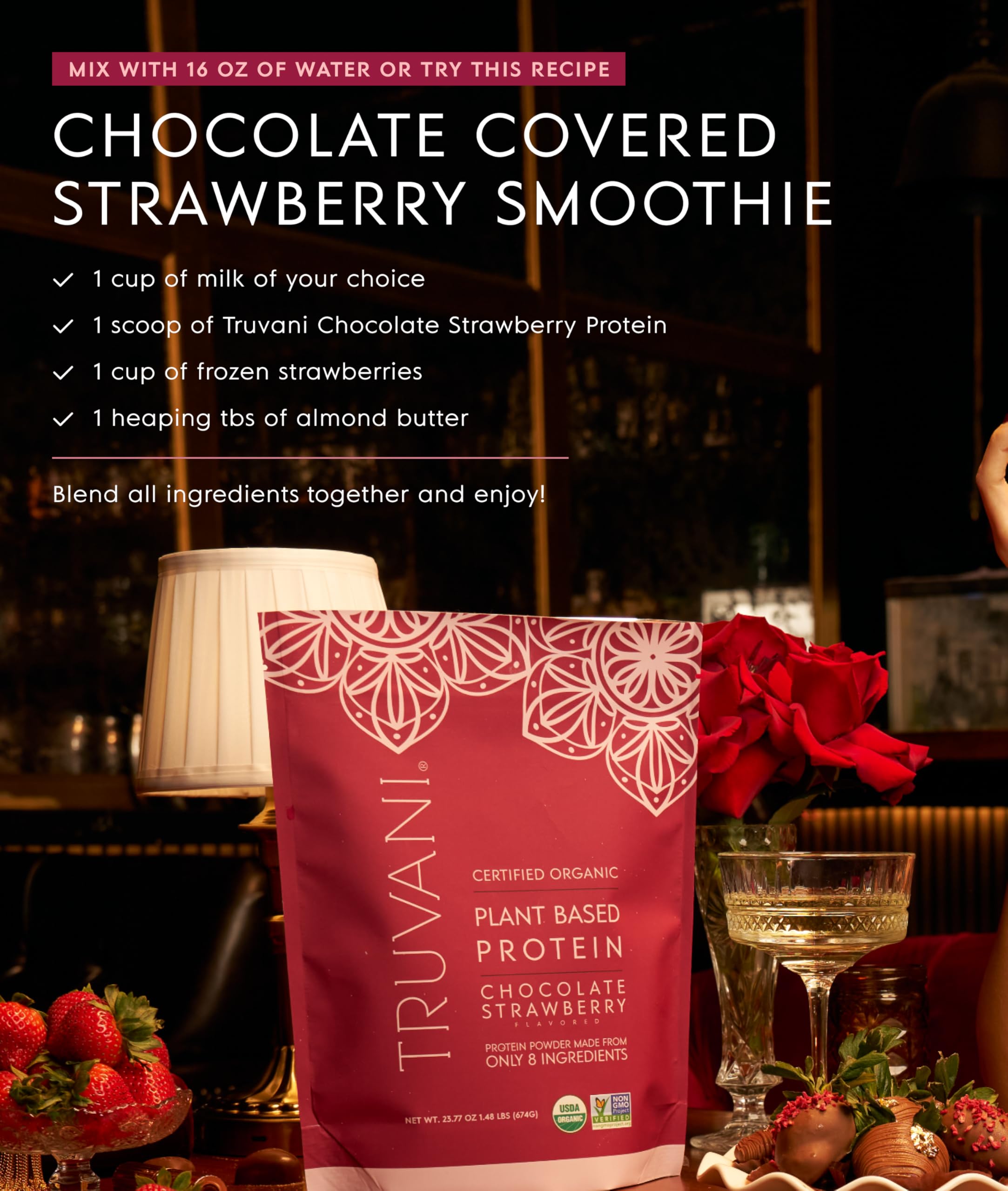 Truvani vegan pea protein powder packaging label with USDA Organic and non-GMO claims.