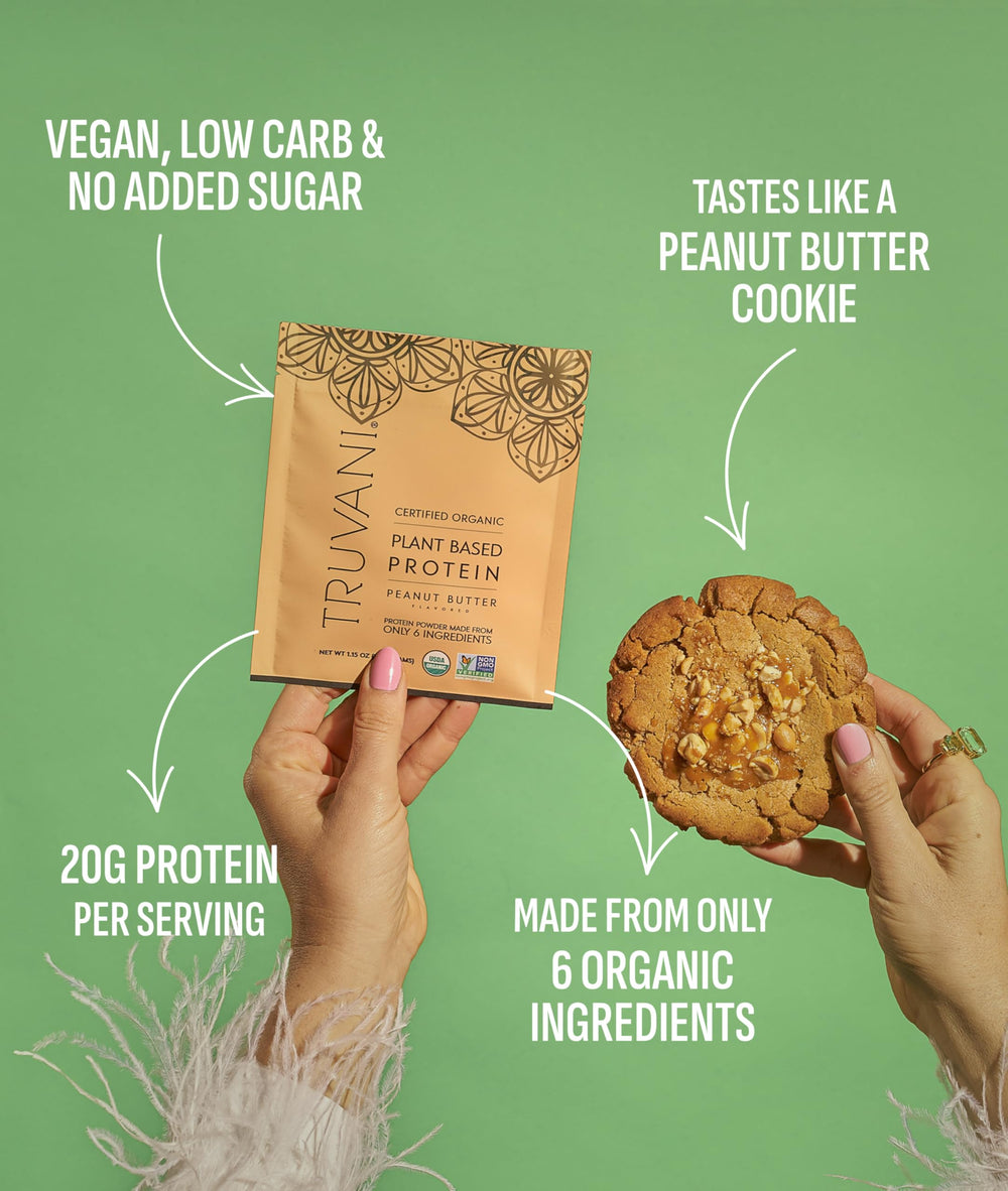 Truvani vegan pea protein peanut butter label emphasizing flavor and organic ingredients