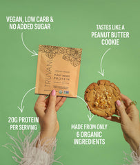 Truvani vegan pea protein peanut butter label emphasizing flavor and organic ingredients