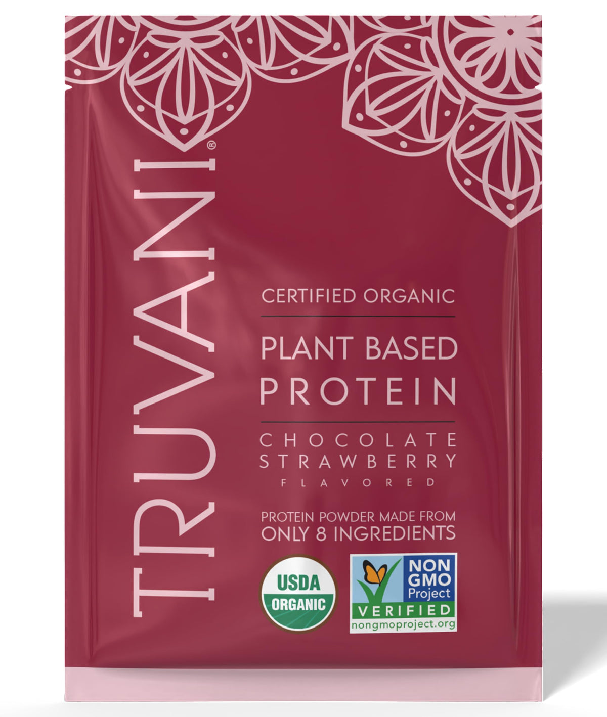 Truvani vegan pea protein powder pours into a glass for a smoothie, emphasizing dairy-free nutrition