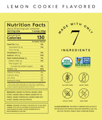 Truvani vegan pea protein powder with dry ingredients emphasizing premium organic sourcing