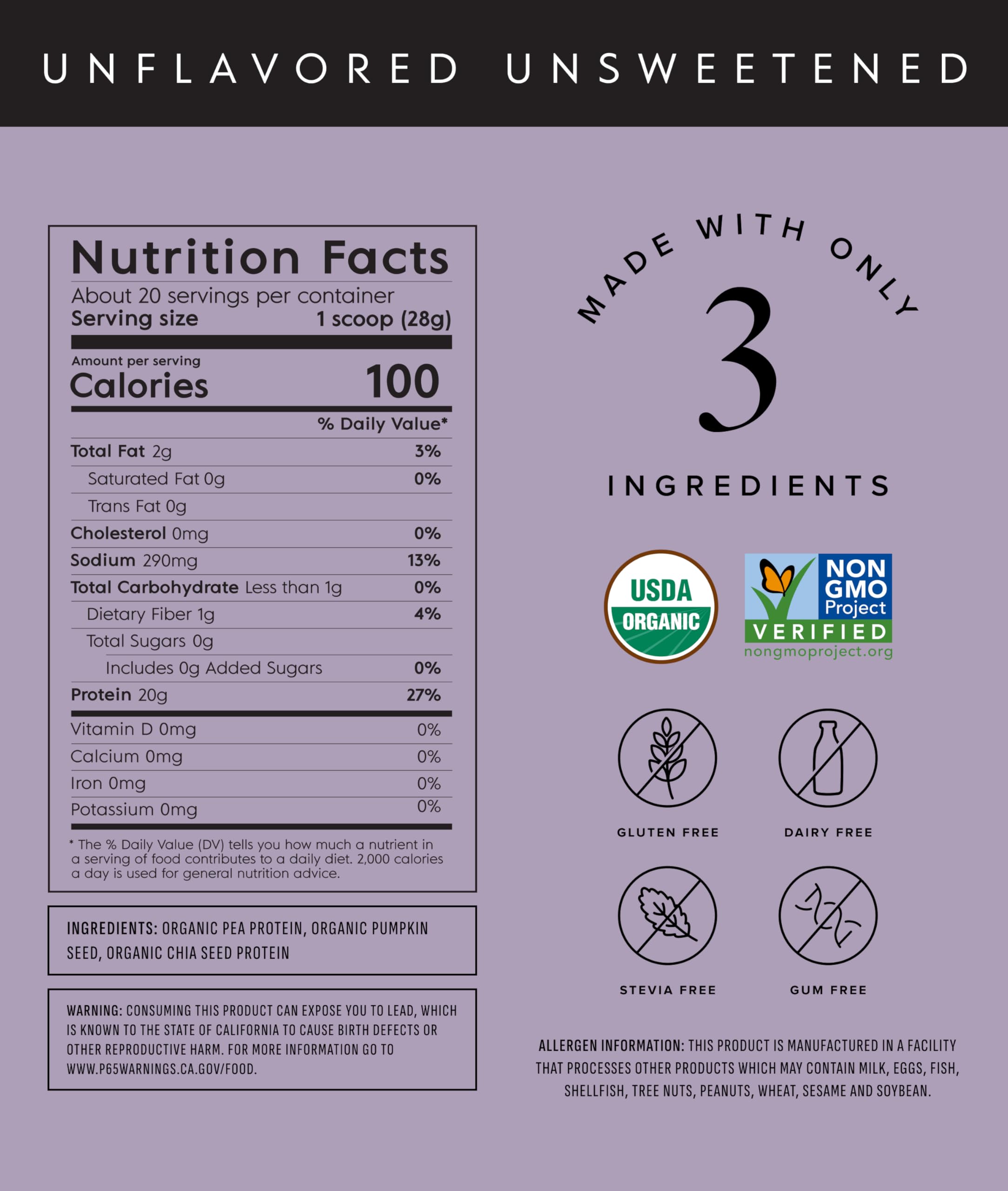 Truvani vegan pea protein powder tub front showing organic, plant-based protein