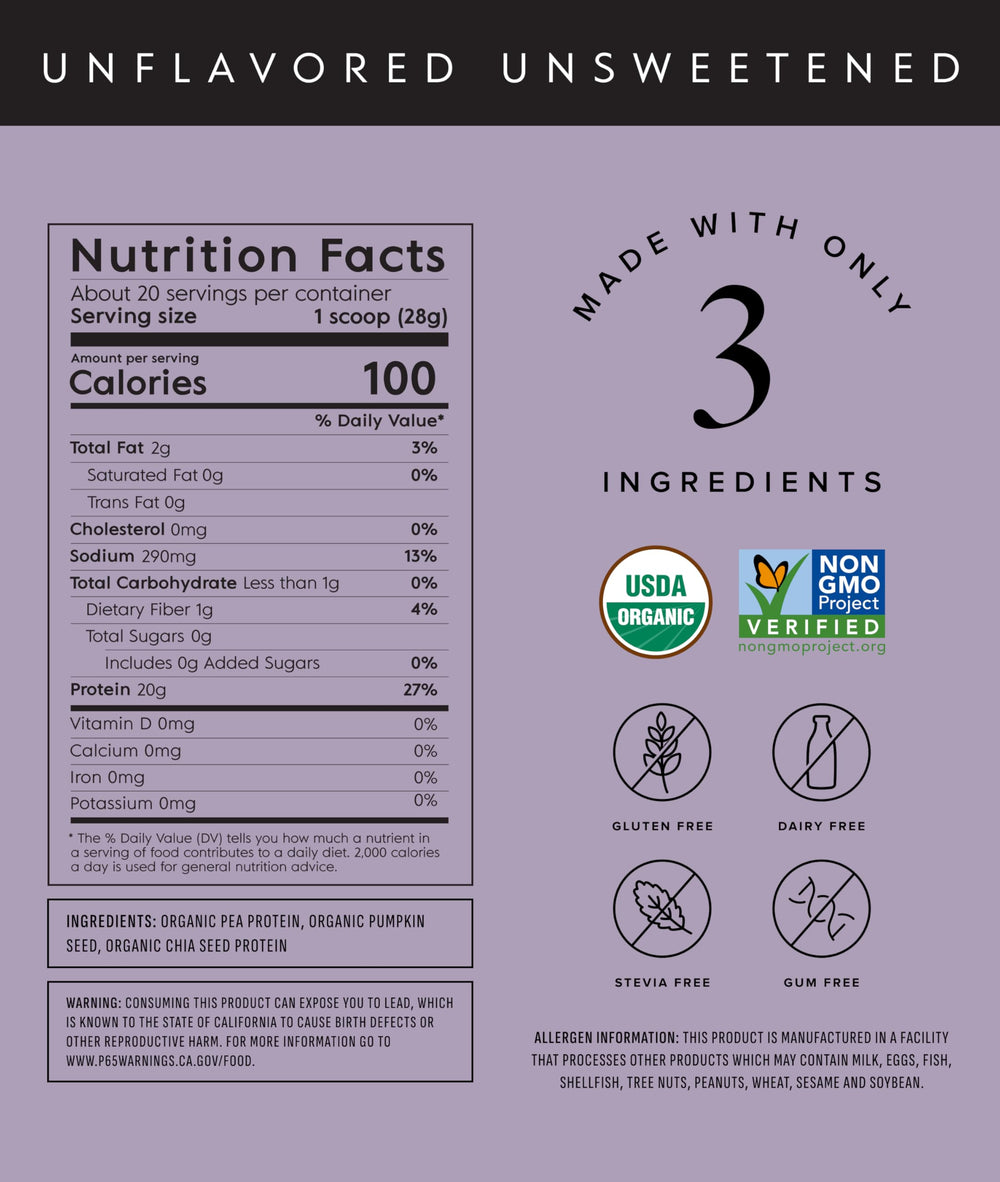 Truvani vegan pea protein powder tub front showing organic, plant-based protein