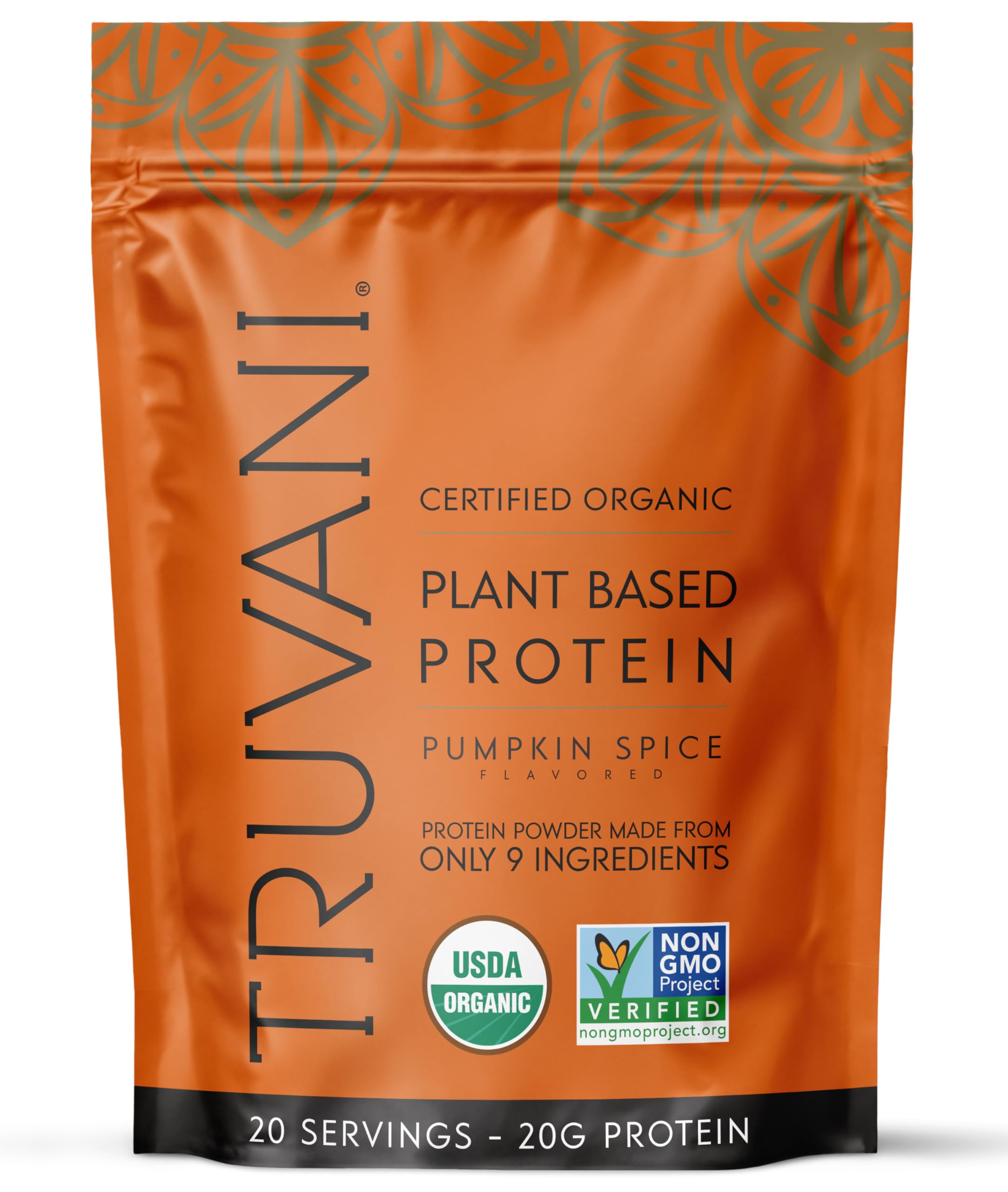 Truvani vegan pea protein pumpkin spice container close-up highlighting clean ingredients.