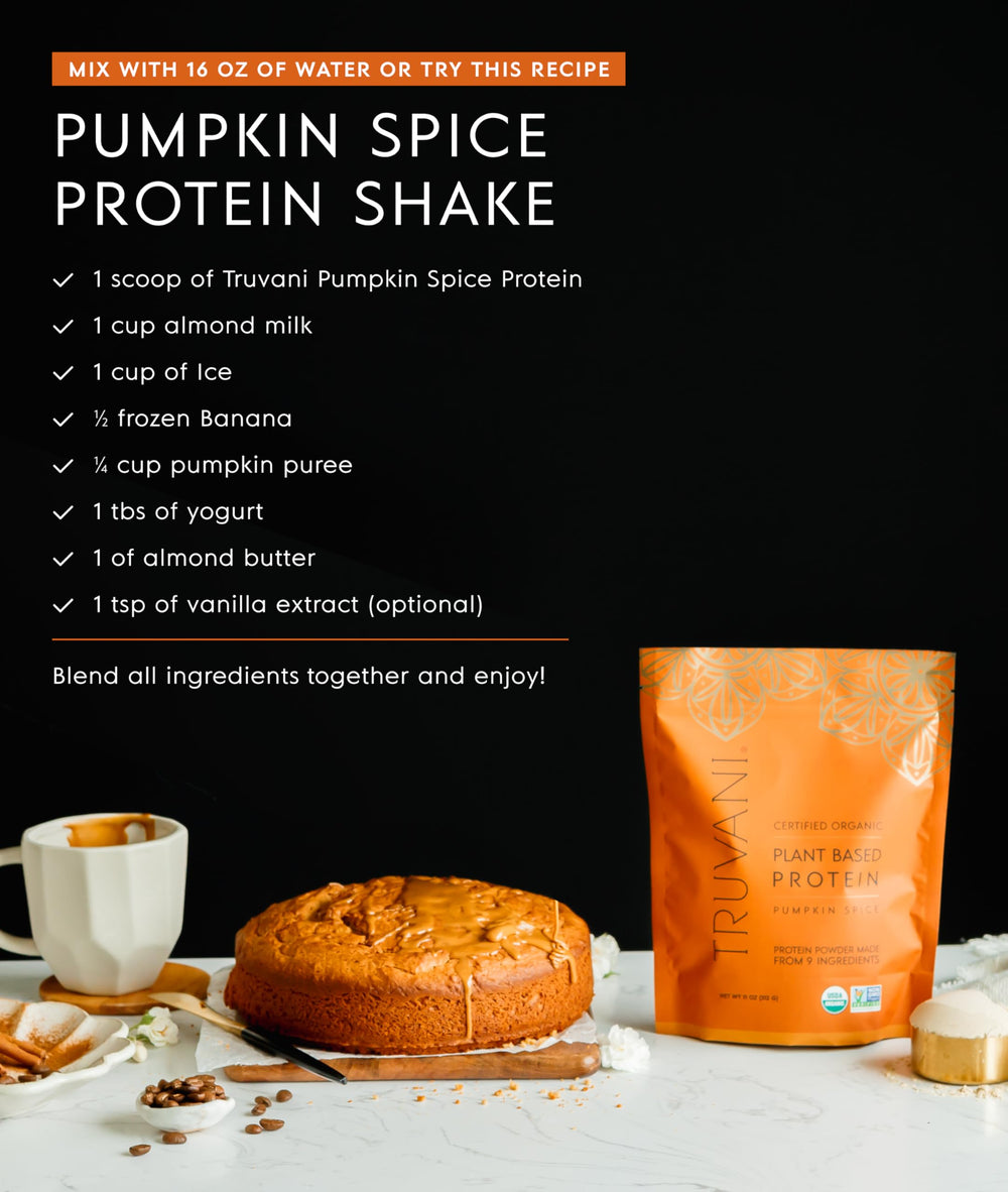 Truvani Vegan Pea Protein Powder pumpkin spice serving suggestion with yogurt or smoothie.