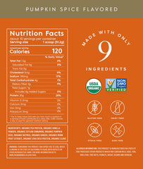 Truvani Vegan Pea Protein Powder pumpkin spice label highlights organic ingredients and clean nutrition.