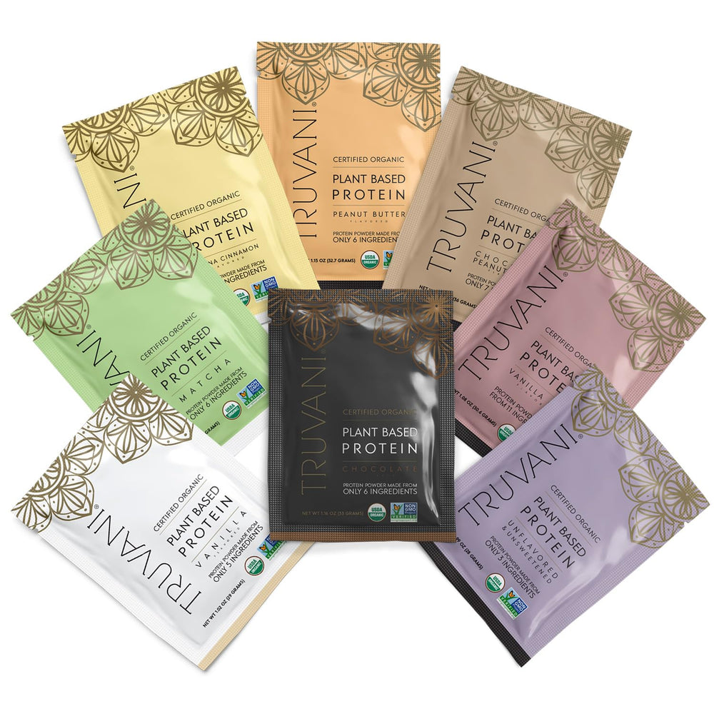 Truvani vegan pea protein sample pack offers convenient eight packets for on-the-go nutrition.