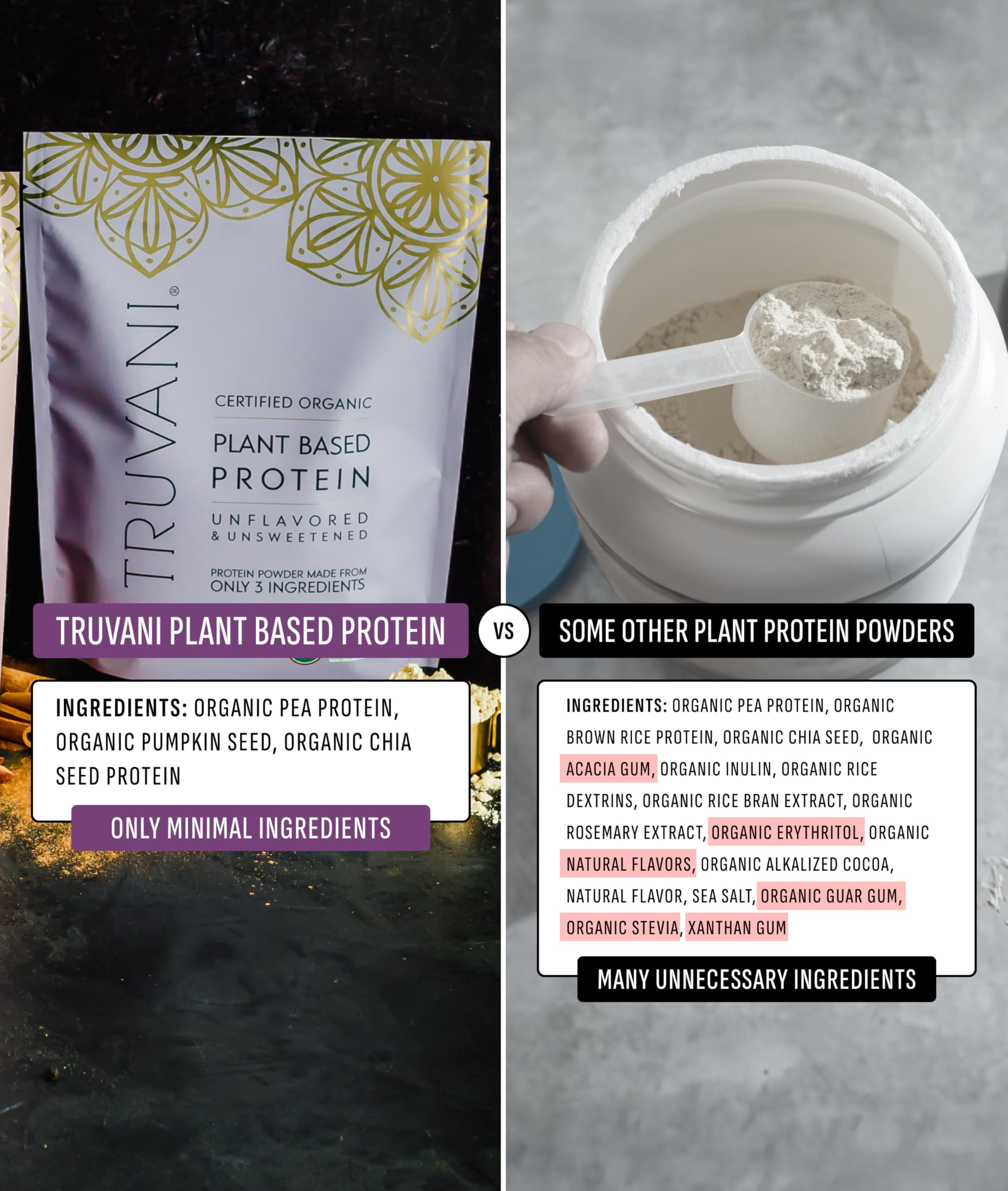 Truvani protein powder scoop with measuring spoon for easy portioning.