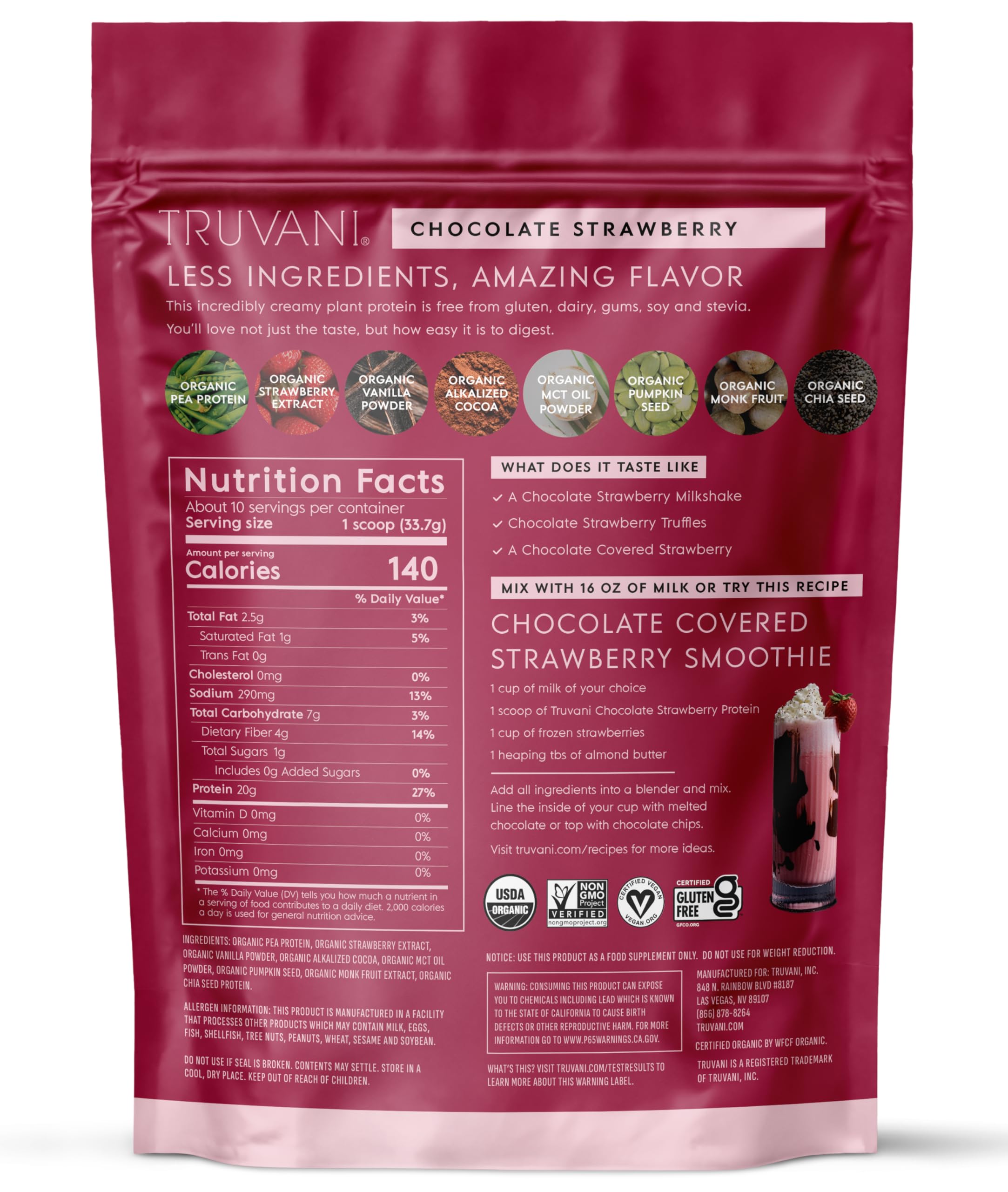 Truvani vegan pea protein powder taste-test hints at rich chocolate strawberry flavor.