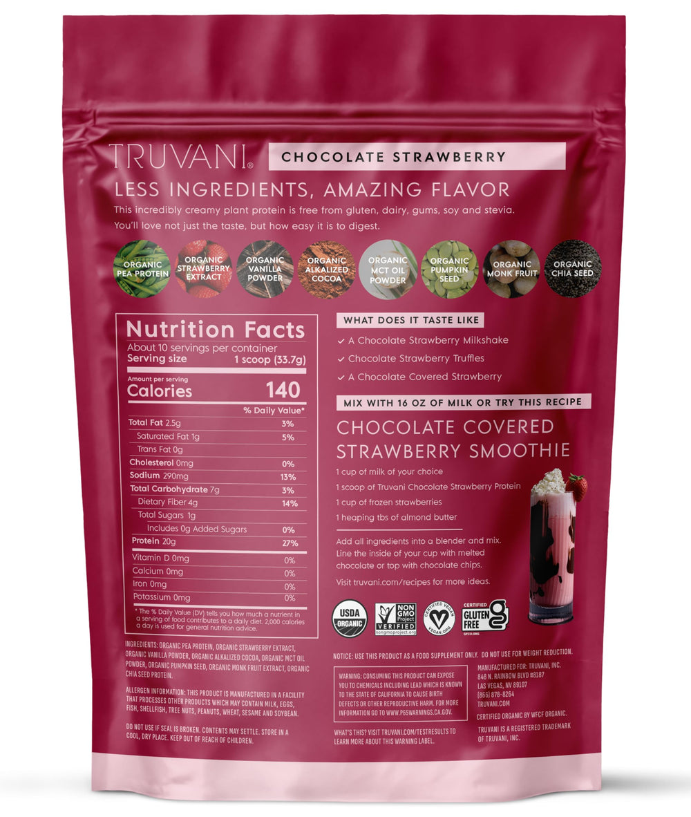 Truvani vegan pea protein powder taste-test hints at rich chocolate strawberry flavor.