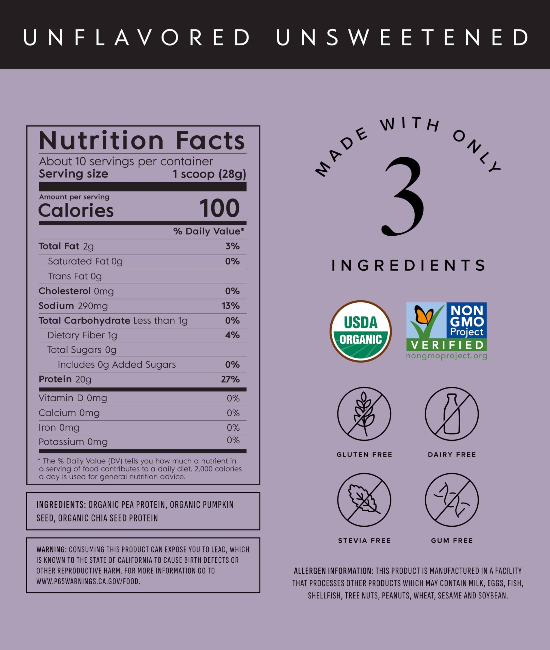 Truvani pea protein label close-up emphasizes USDA Organic and non-GMO status.