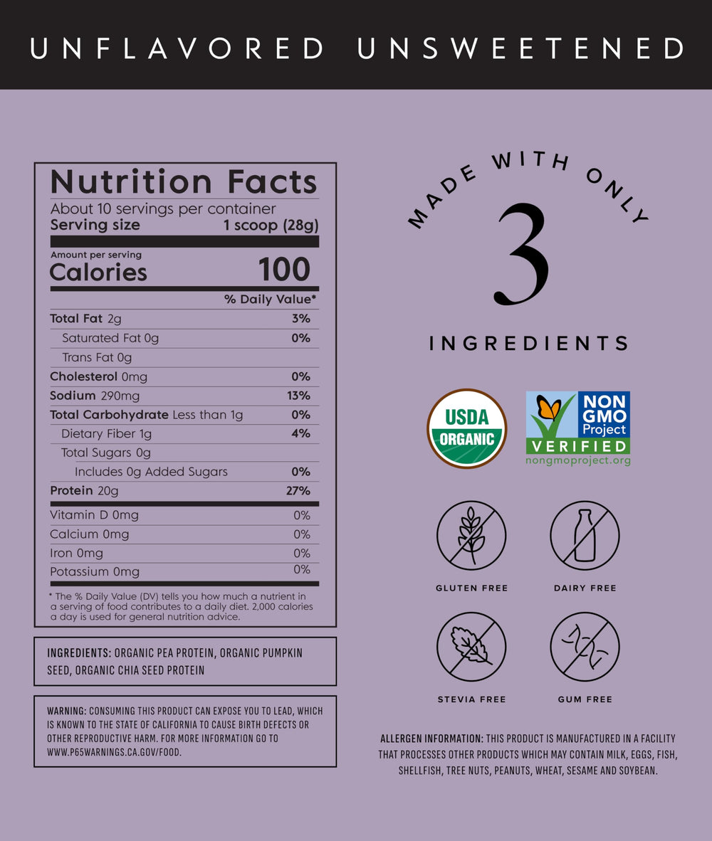 Truvani pea protein label close-up emphasizes USDA Organic and non-GMO status.