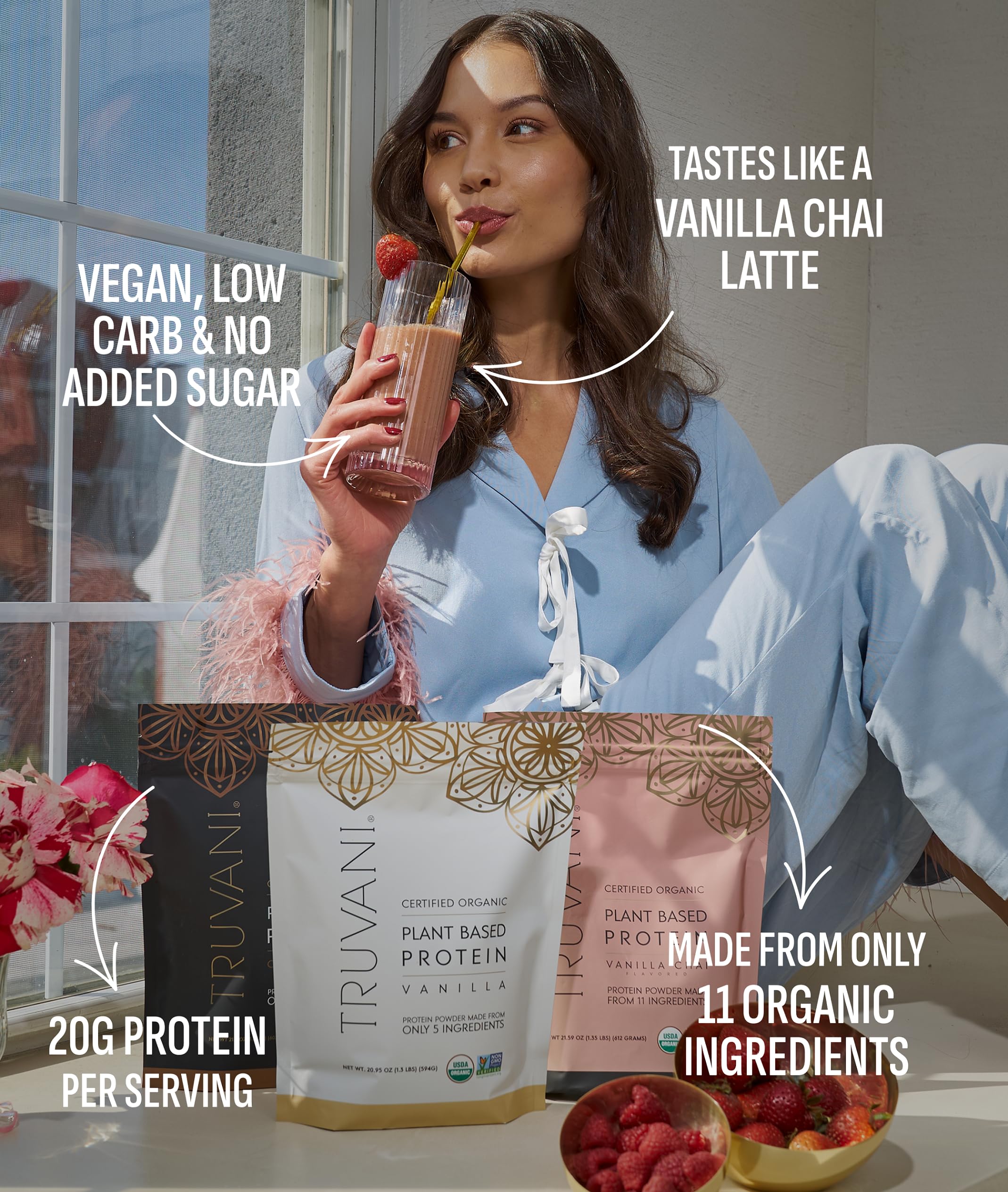 Truvani vegan pea protein vanilla chai powder being poured for shakes