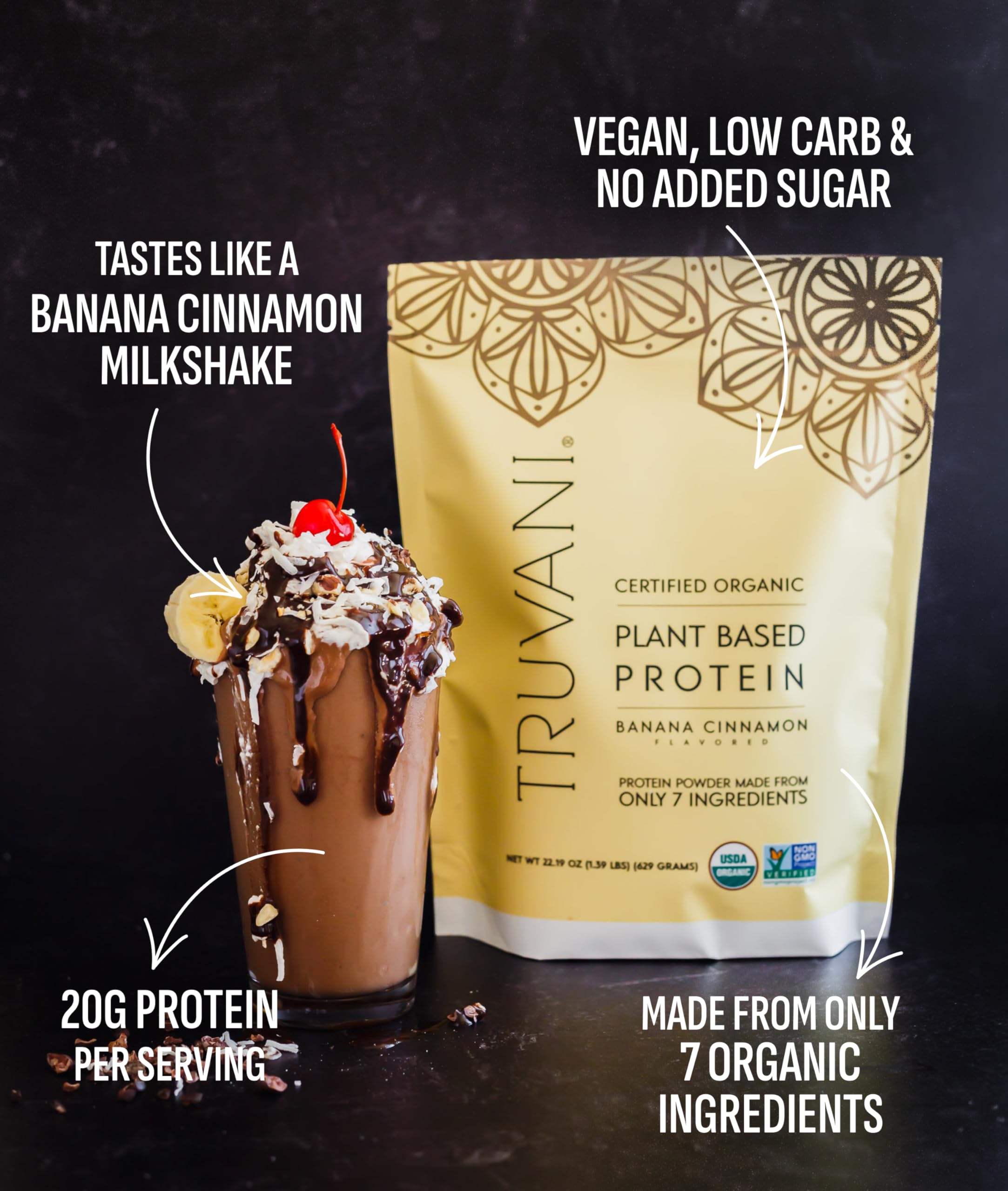 Truvani shake image shows banana cinnamon flavor with creamy texture for quick, fueled mornings