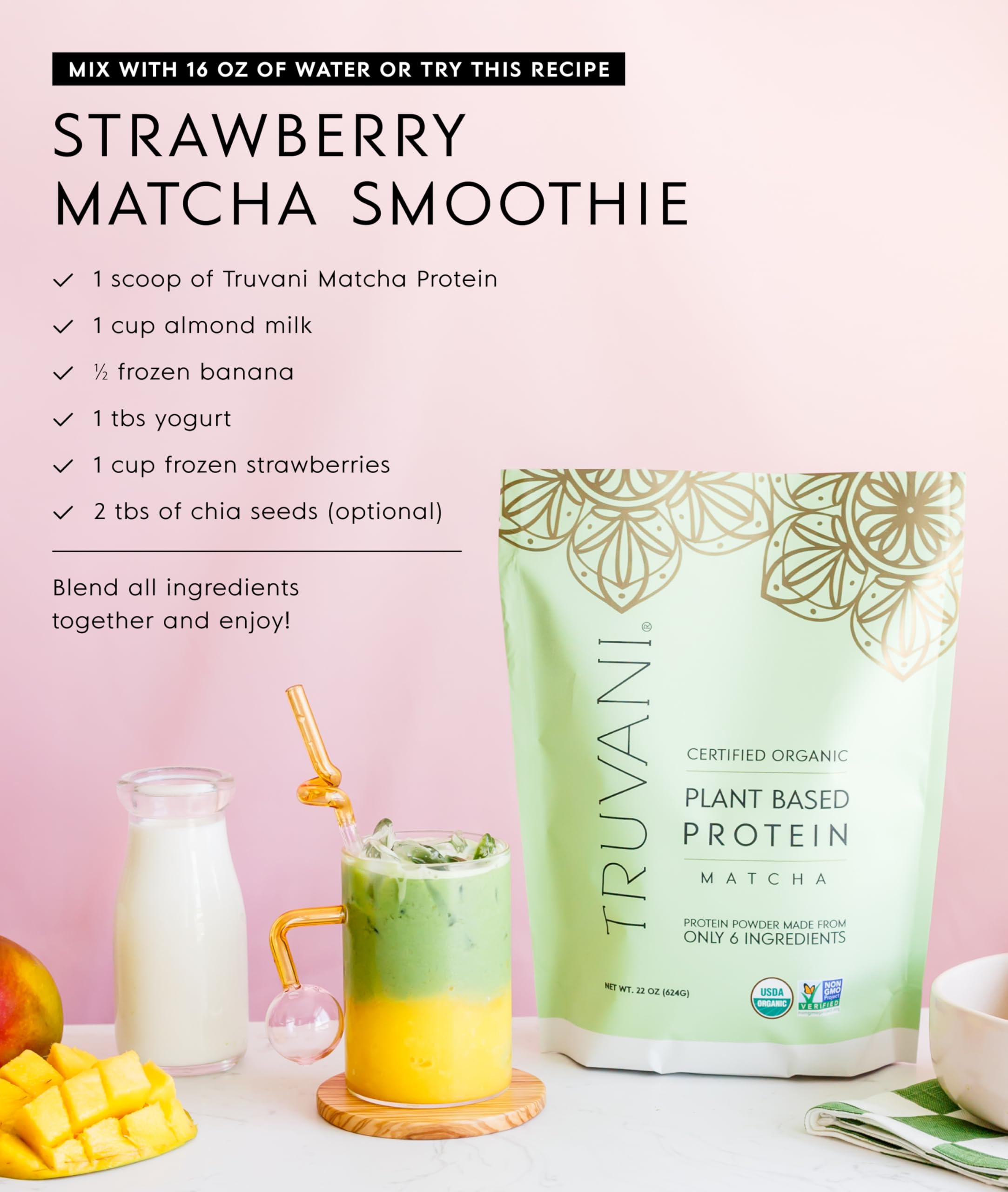 Truvani Vegan Protein Shake glass shows a creamy, delicious blend
