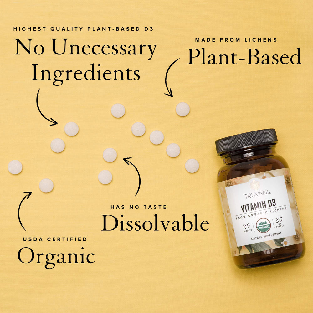 Truvani Vitamin D3 bottle front showing organic vegan supplement