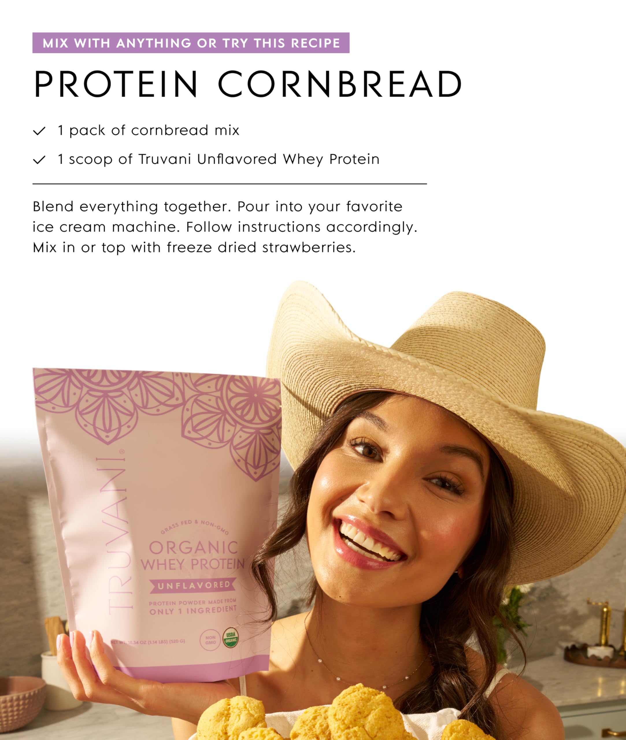 Gluten-free and non-GMO badge on Truvani whey label.