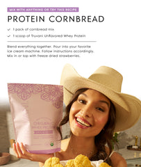 Gluten-free and non-GMO badge on Truvani whey label.