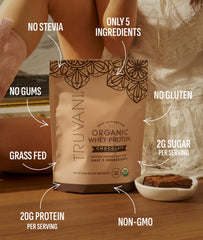 Scoop of Truvani whey powder in a glass of milk for a protein boost