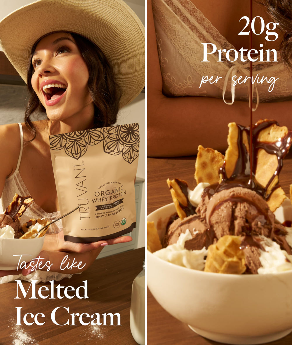 Truvani whey protein smoothie glass with creamy chocolate peanut butter shake.