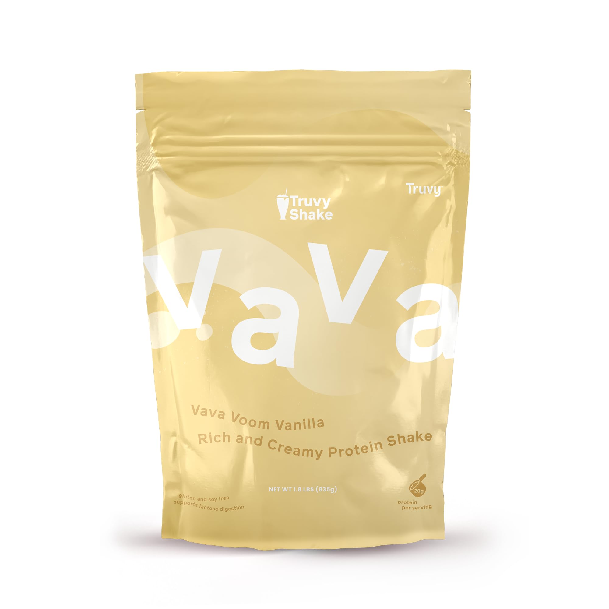 Truvy Protein Shake Vanilla 835g with lactose digestion support and creamy flavor.