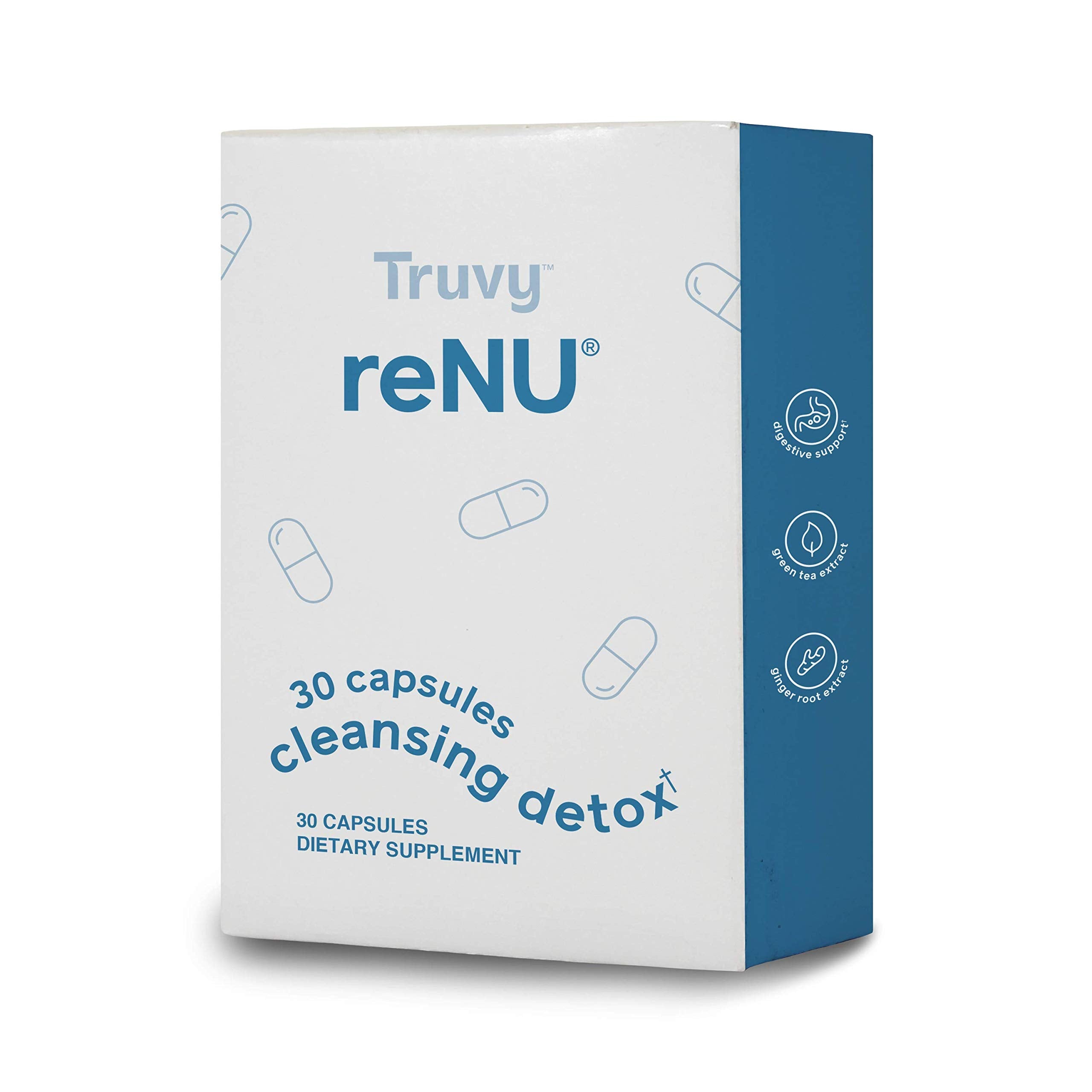 Truvy Renu Detox bottle closeup highlighting a clean label and plant-based digestive support