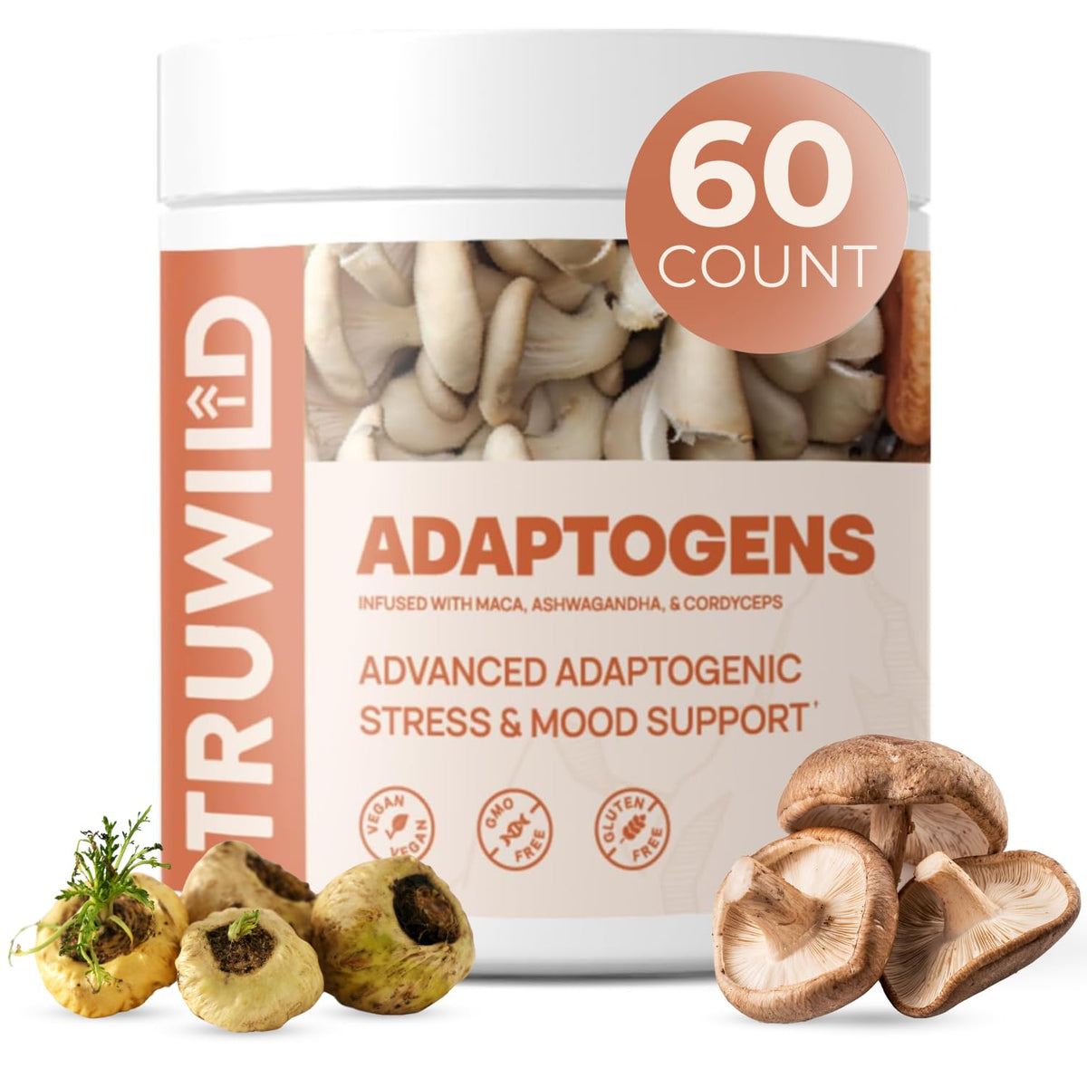 TruWild Adaptogen Cordyceps bottle shown for energy support