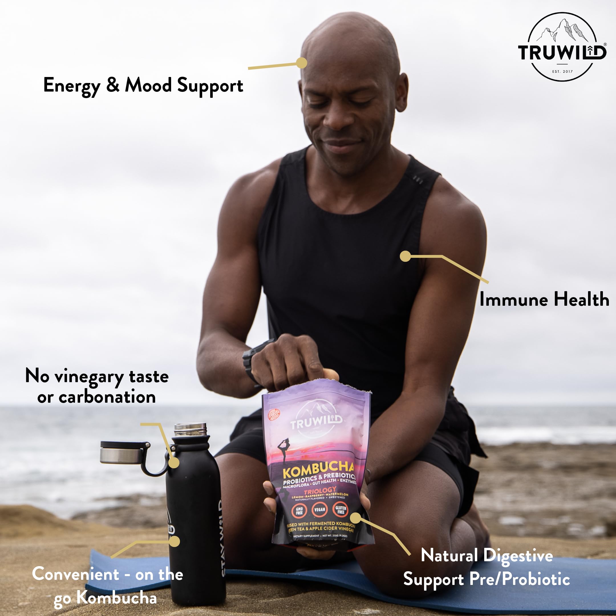 TruWild kombucha powder glass with mixed beverage ready to sip